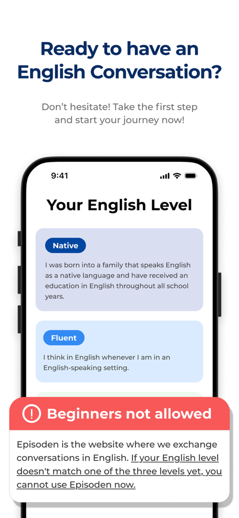 Tela do aplicativo móvel mostrando níveis de proficiência em inglês com um aviso de que iniciantes não são permitidos na plataforma