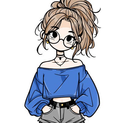 girl with a messy ponytail glasses a baggy crop top and jean shorts