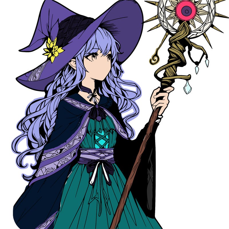 a realistic fantasy manga witch with a staff