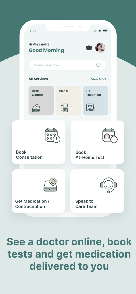 Ease: Birth Control Reminder - Ease app interface showing options to book online doctor consultations, at-home tests, and medication delivery.