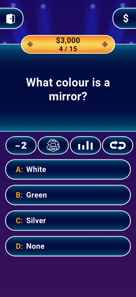 Screenshot of Millionaire Quiz Trivia Game showing a multiple choice question about the color of a mirror