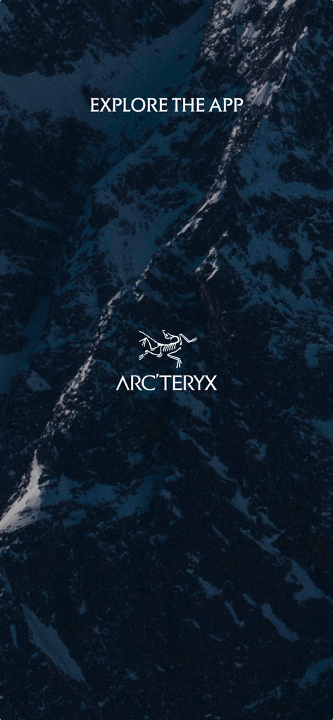 Arc'teryx - Outdoor Gear Shop - Arcteryx app splash screen featuring a snowy mountain peak and the brand logo