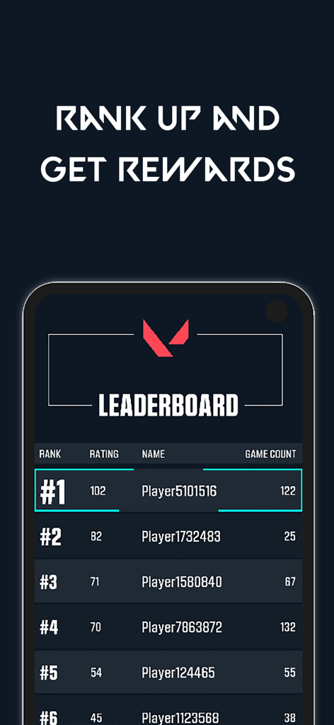 Leaderboard showing top player rankings and ratings in the Guess The Rank Valorant app