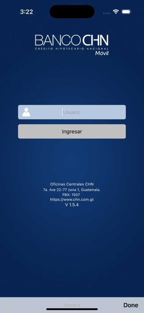 Pantalla de inicio de sesión de la app móvil de Banco CHN