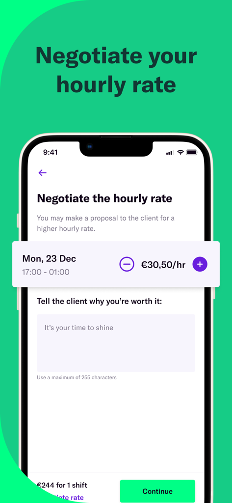 Temper | Flex Work and Gigs - Interface of the Temper app showing how to negotiate an hourly rate for a freelance gig.