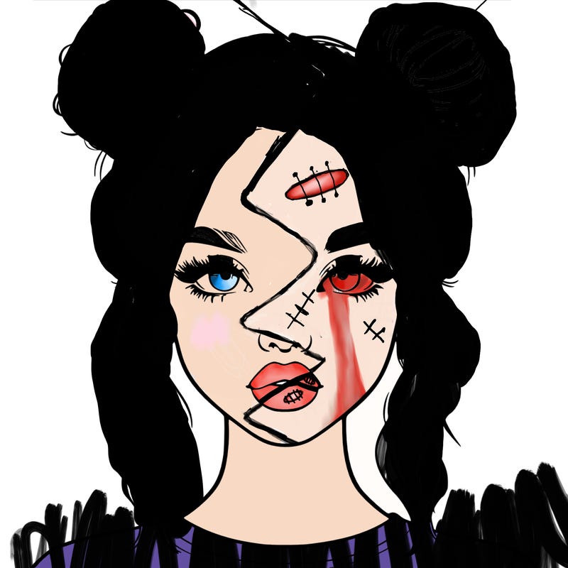 realistic girl with two buns in hair and lips