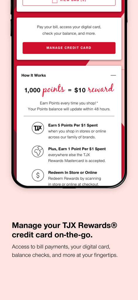 T.J.Maxx app interface for managing TJX Rewards credit card and tracking points