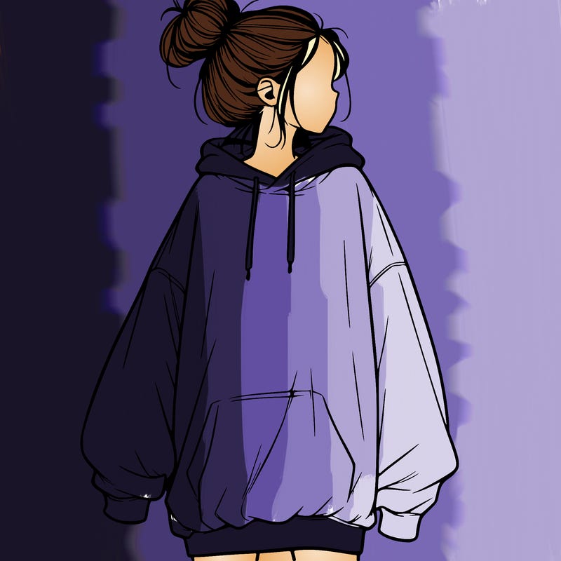 realistic girl with a oversized sweatshirt on and a bun
