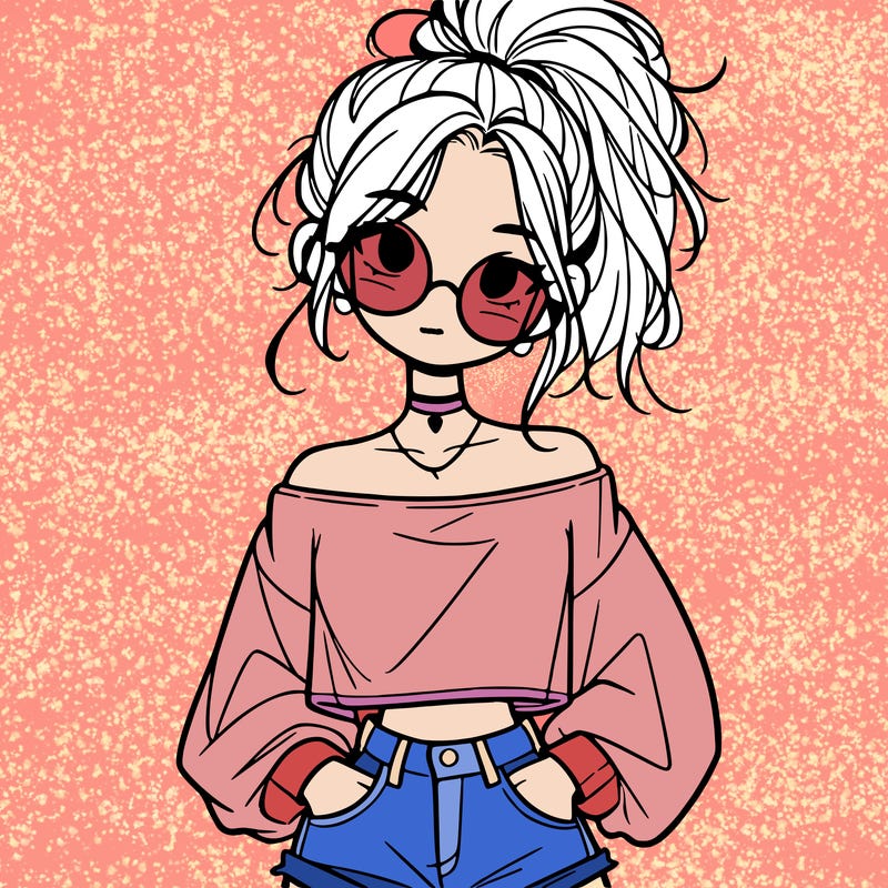 girl with a messy ponytail glasses a baggy crop top and jean shorts