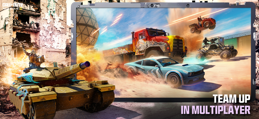Action scene from Call of Duty Mobile featuring a tank and tactical vehicles with the text Team Up in Multiplayer