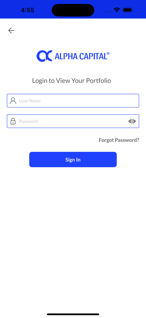 Alpha Capital - Login screen of the Alpha Capital wealth management app showing fields for user name and password to access investment portfolios.