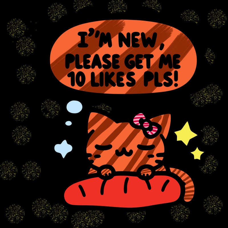 kitty taking a nap dream talking and saying "i'm new, please get me at least 10 likes pls!!"