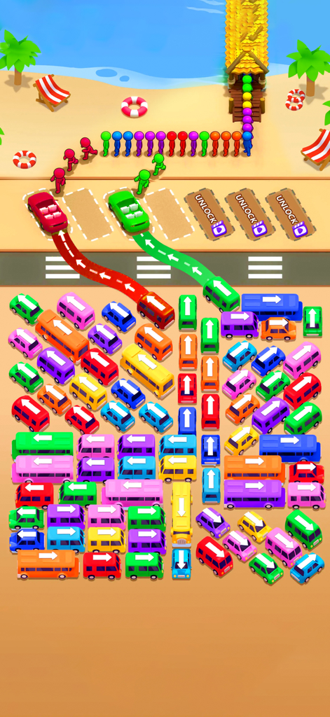 Bus Mania Jam Traffic Escape - Gameplay of Bus Mania Jam showing colorful buses and passengers in a beach themed traffic escape puzzle