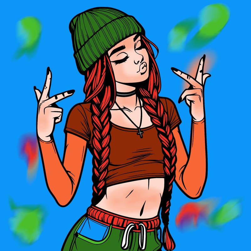 realistic teenage girl with braids and a beanie and crop top doing 🫶🏼