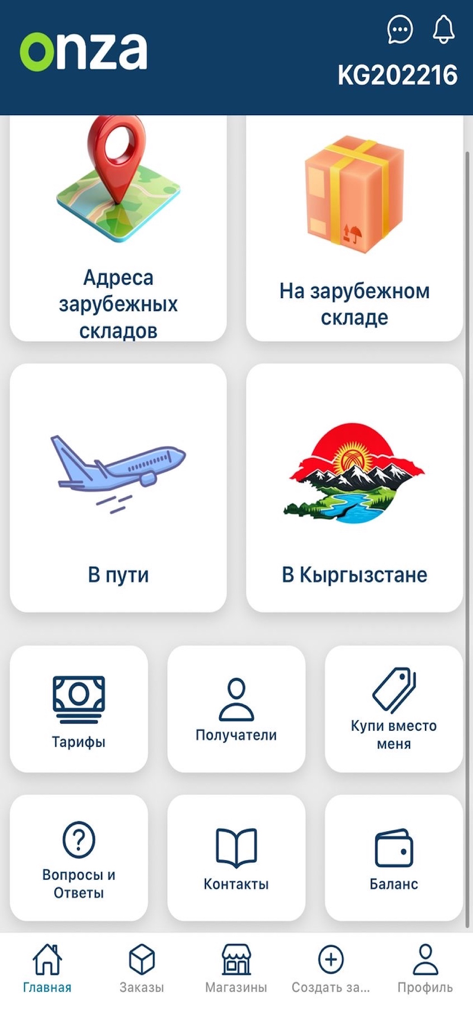 Onza - Onza mobile app home screen showing shipping status tracking and service options in Russian
