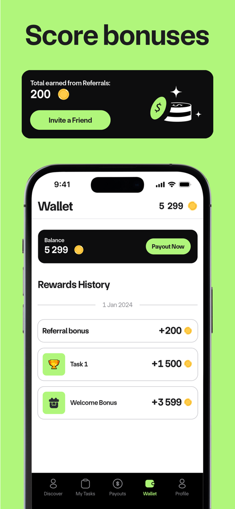 Test'em All app wallet screen displaying rewards history and available coin balance