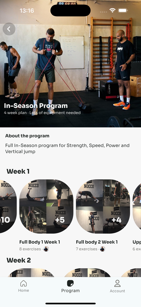 Amir Performance - A mobile app screen for Amir Performance showing an In-Season training program for basketball strength and conditioning.