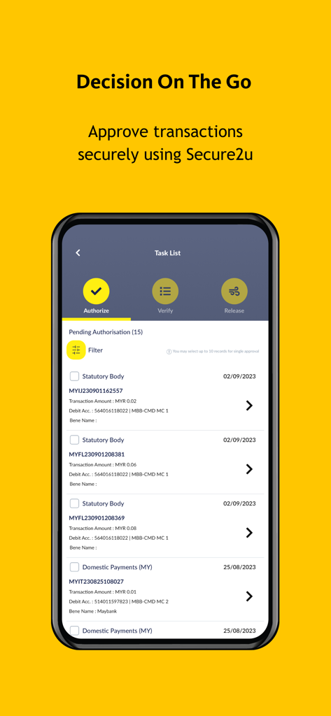 M2E Global - M2E Global mobile app interface showing a list of pending corporate transactions for secure authorization