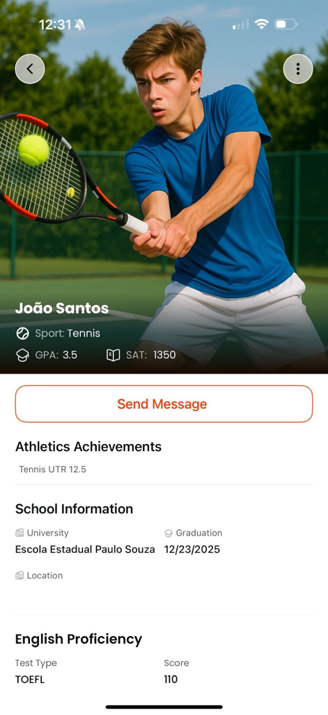 Ein Studenten-Sportler-Rekrutierungsprofil auf Sportex Athletics, das Tennisstatistiken und akademische GPA anzeigt