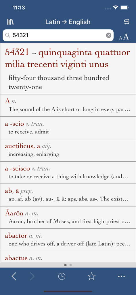 Ultralingua Latin-English - Oberfläche der Ultralingua Latein-Englisch Wörterbuch-App mit Zahlentranslation