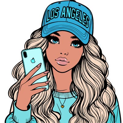 realistic beautiful girl wearing los ángeles cap holding an iphone