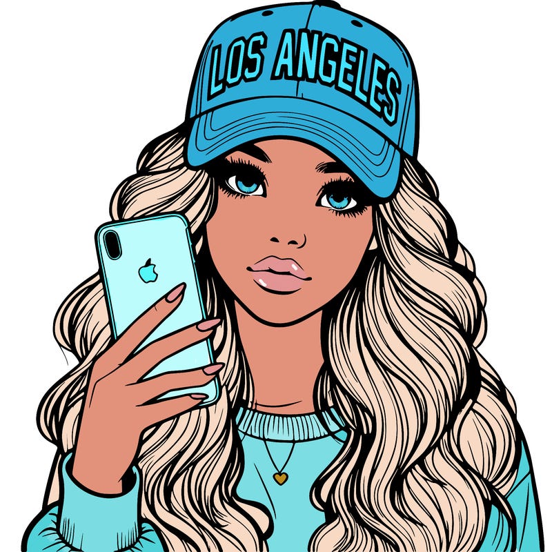 realistic beautiful girl wearing los ángeles cap holding an iphone