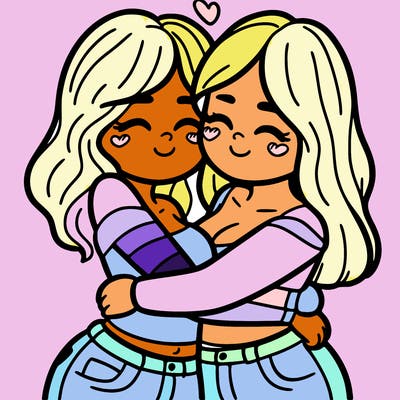 two females (pride month) hugging