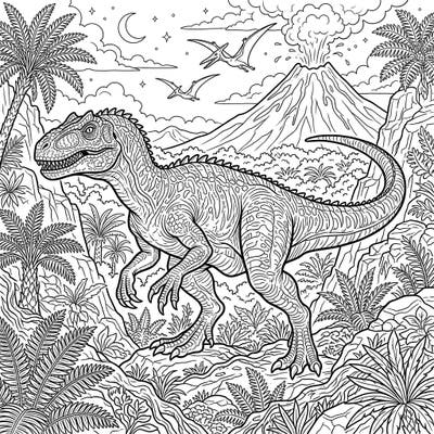 Explore a thrilling prehistoric scene featuring a mighty Allosaurus amidst a lush Jurassic jungle. This detailed coloring page, perfect for teens, includes volcanoes and soaring pterodactyls.