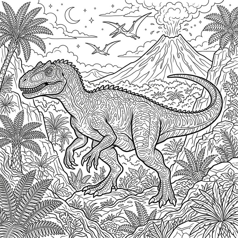 Explore a thrilling prehistoric scene featuring a mighty Allosaurus amidst a lush Jurassic jungle. This detailed coloring page, perfect for teens, includes volcanoes and soaring pterodactyls.