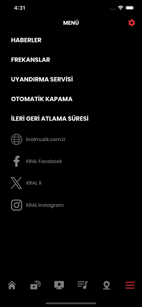 Interfaccia del menu dell'app musicale KRAL con frequenze di notizie e impostazioni