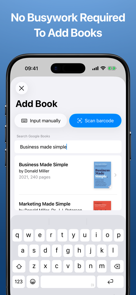 Screenshot dell'app Reading Time che mostra la schermata Aggiungi libro con risultati di ricerca e opzione di scansione del codice a barre.