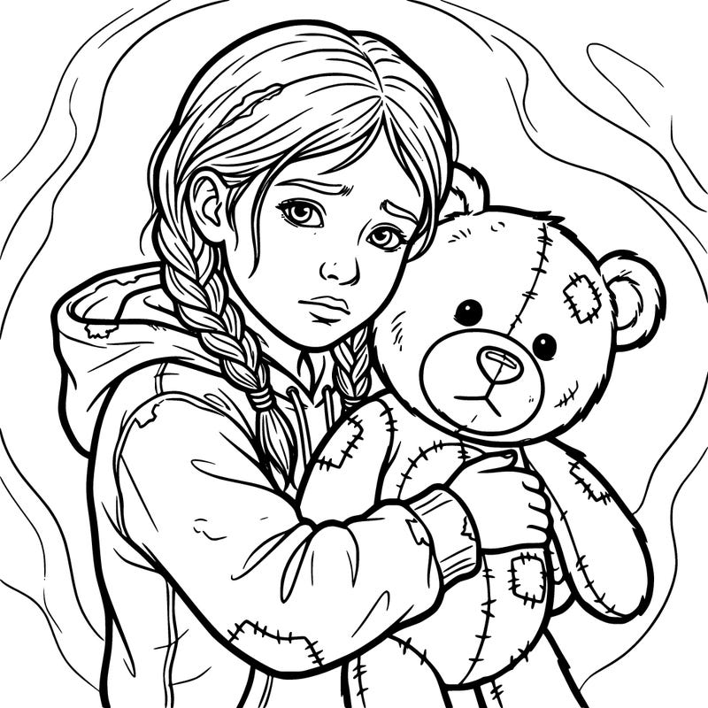 a realistic girl that’s  hugging a old teddy bear