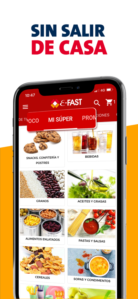 E-Fast - Interface de l'application mobile E-Fast affichant diverses catégories d'épicerie en espagnol telles que les snacks, les boissons et les céréales pour la livraison à domicile