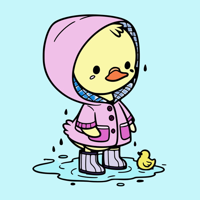 baby duck in a rain coat and boots, in a puddle while it’s raining