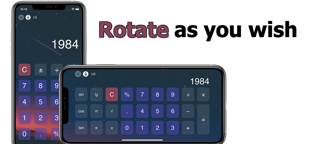 App calcolatrice per iPhone che mostra la rotazione verticale e orizzontale con funzioni scientifiche e un tema stellato