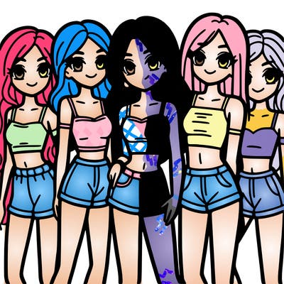 a group of girls wearing crop tops and shorts