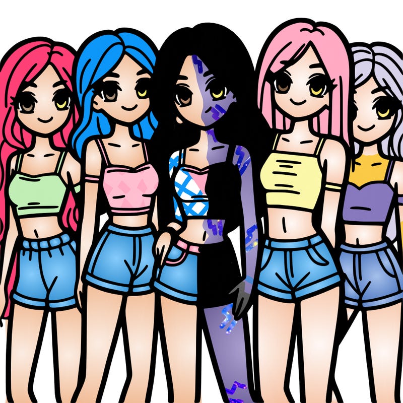 a group of girls wearing crop tops and shorts