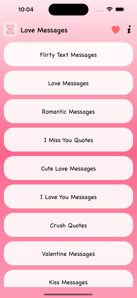 A list of romantic message categories including flirty texts and love quotes on a pink background.
