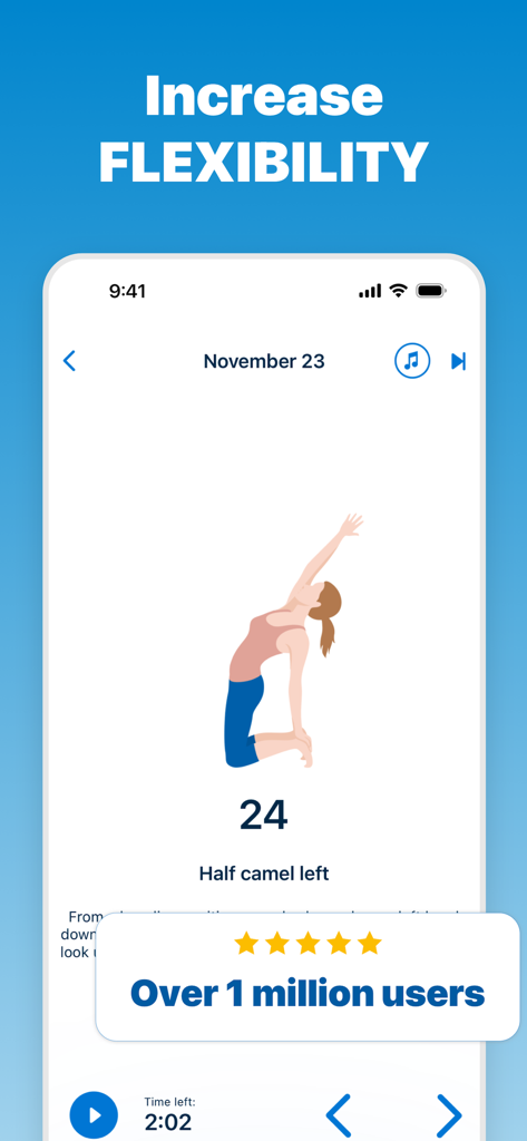 5 Minute Yoga Workouts - Interfaz de la aplicación 5 Minute Yoga que muestra a una mujer realizando una postura de medio camello con un temporizador de cuenta regresiva e instrucciones.