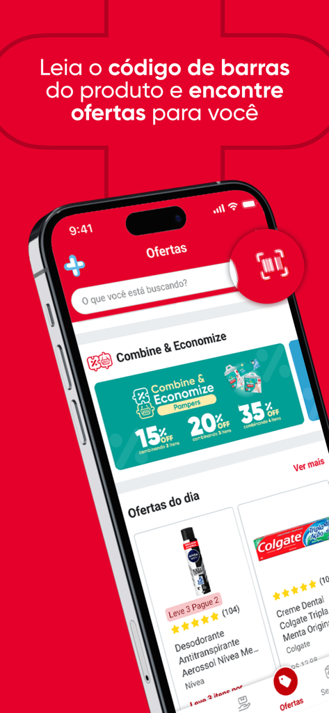Drogarias Pacheco mobile app screen displaying pharmacy offers and a barcode scanner feature