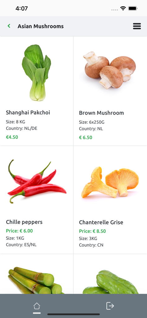 Mitrofresh - Mitrofresh mobile app interface showing a catalog of wholesale Asian vegetables and mushrooms with pricing and origins.