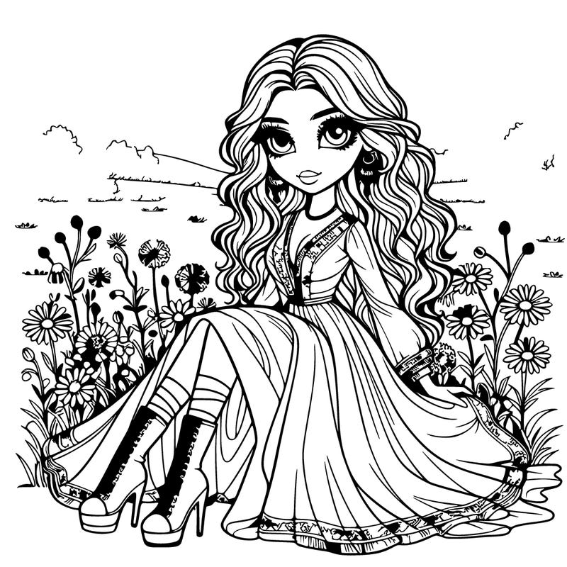 a girl with open hair the hair should be like chest long the hair should be straight but a bit wavy with a human eyes and a stunning dress with high heel boots sitting on a field with flowers