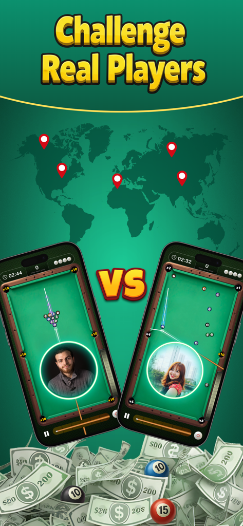 8 Ball Cash Real Money Pool - A mobile app screen for 8 Ball Cash showing two players in a head-to-head pool match with a background of a world map and cash prizes