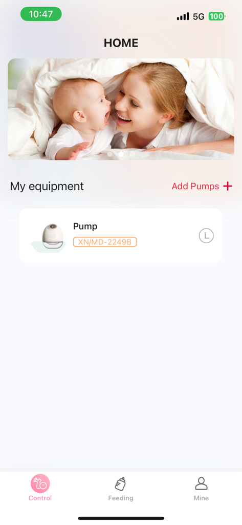 Horigen - Horigen app home screen showing a connected wearable breast pump in the equipment section.