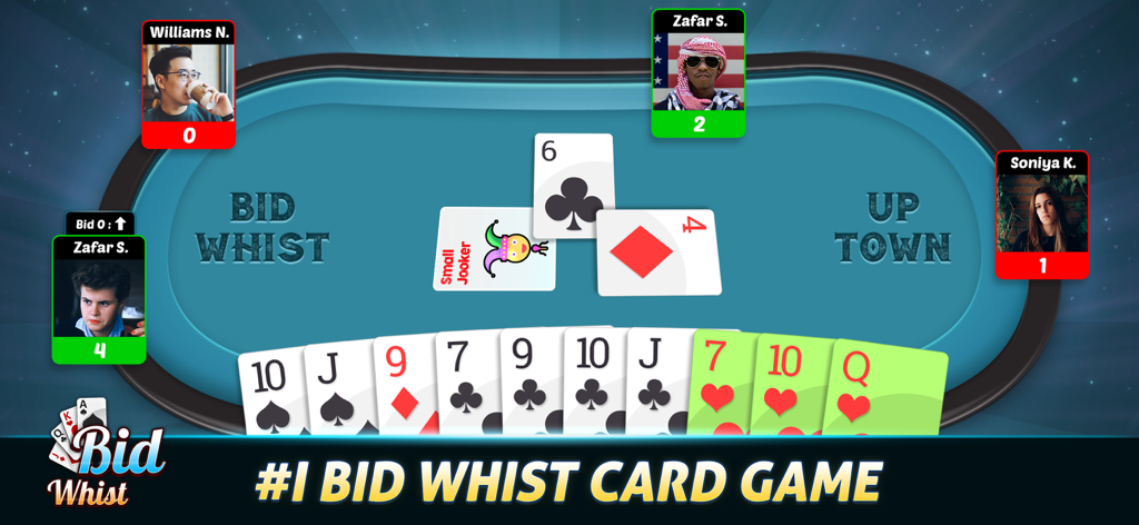 Pantalla de juego multijugador de Bid Whist que muestra avatares de jugadores y la mesa de cartas