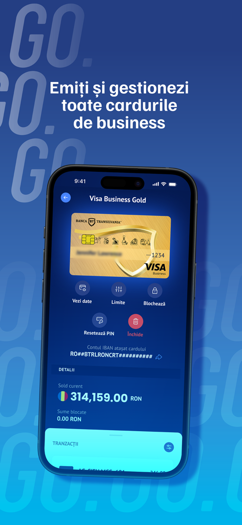 BT Go - Interface of the BT Go mobile app showing business card management for a Visa Business Gold card