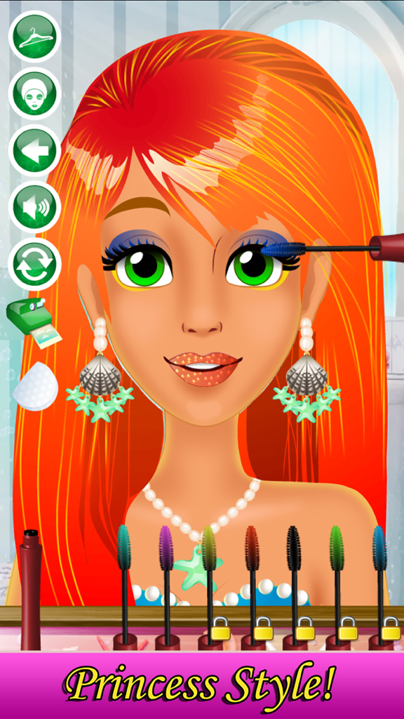 Mermaid Makeover & Salon Spa - A digital mermaid character with bright orange hair and seashell earrings getting blue mascara applied in a makeover salon game.
