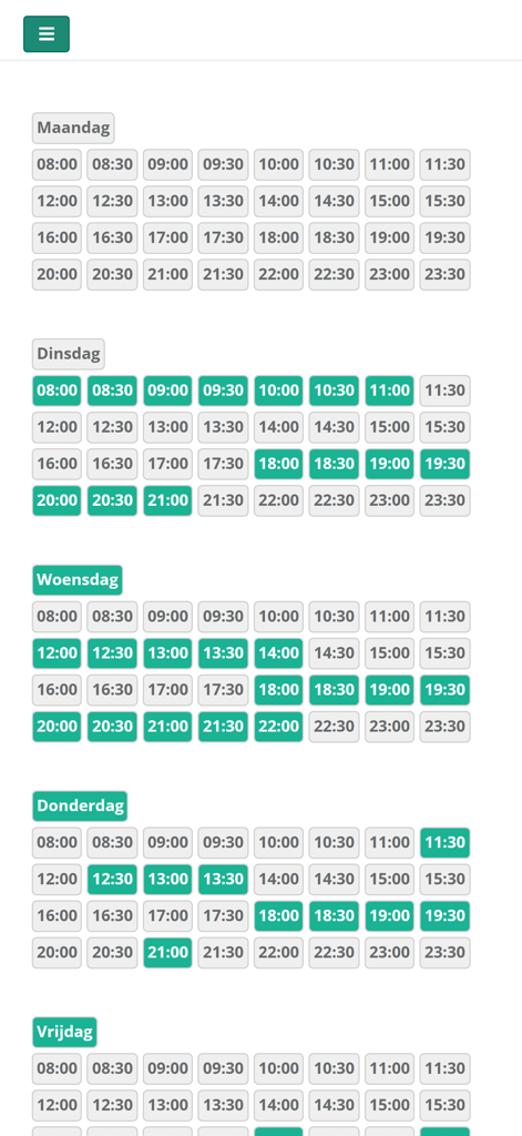 Easybooker - Easybooker app interface displaying weekly reservation time slots and availability