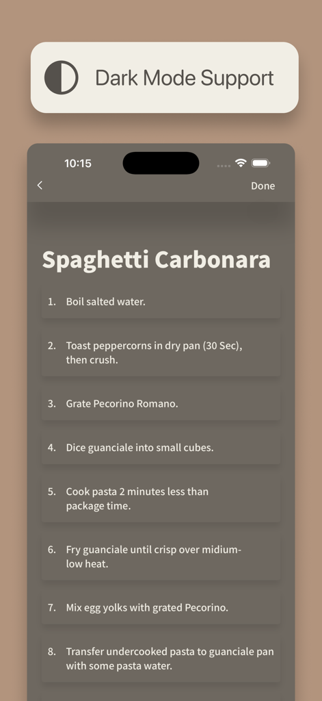 나만의 레시피 앱 인터페이스에서 다크 모드로 스파게티 까르보나라 조리 지침 표시