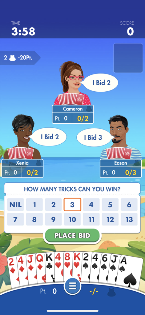 Bidding screen in Spades Cash showing player hand and AI opponents